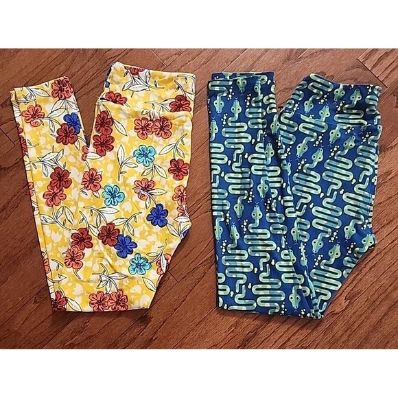 LuLaRoe leggings Lot of 2 Snake Blue Green And Floral Yellow One Size OS - Picture 1 of 9